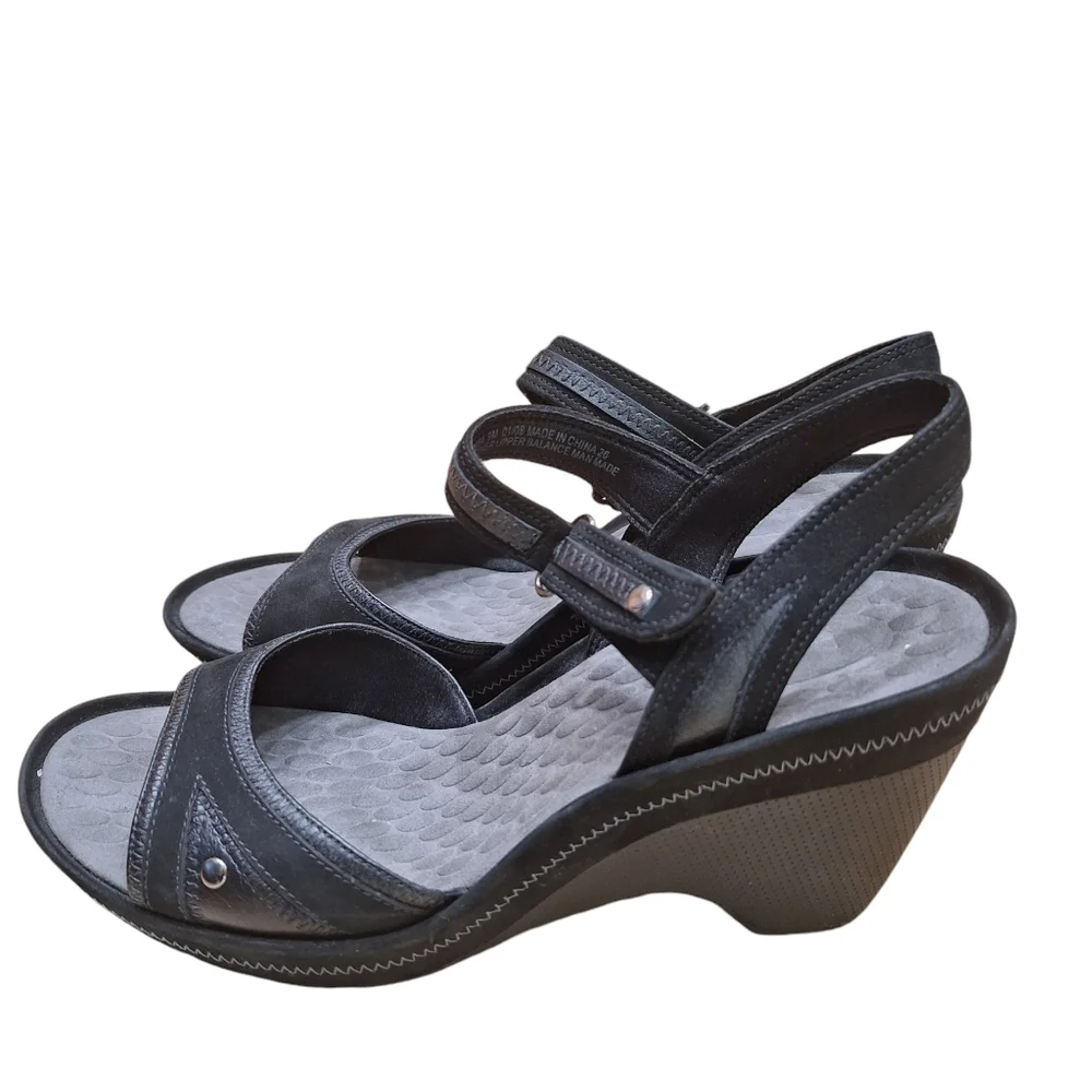 Privo by Clarks Black Wedge Heel Adjustable Strap Leather Sandals Women's sz9M